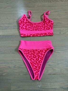 Beach Riot Pink and Hot Pink Leopard High-Waist Bikini Set, Sz Sm